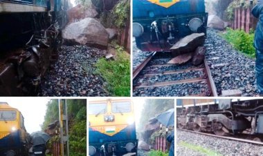 ପାହାଡ଼ରୁ ବଡ଼ ପଥର ଖଣ୍ଡ ଖସି  ଟ୍ରେନ୍ ଇଞ୍ଜିନ ଲାଇନ୍‌ଚ୍ୟୁତ